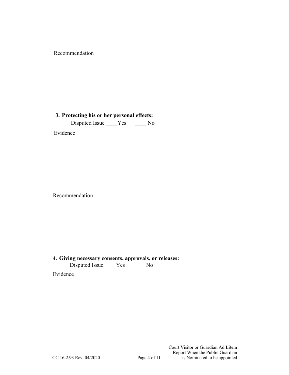 Form CC16:2.93 Visitor or Guardian Ad Litem Report When the Public Guardian Is Nominated to Be Appointed Confidential - Nebraska, Page 4