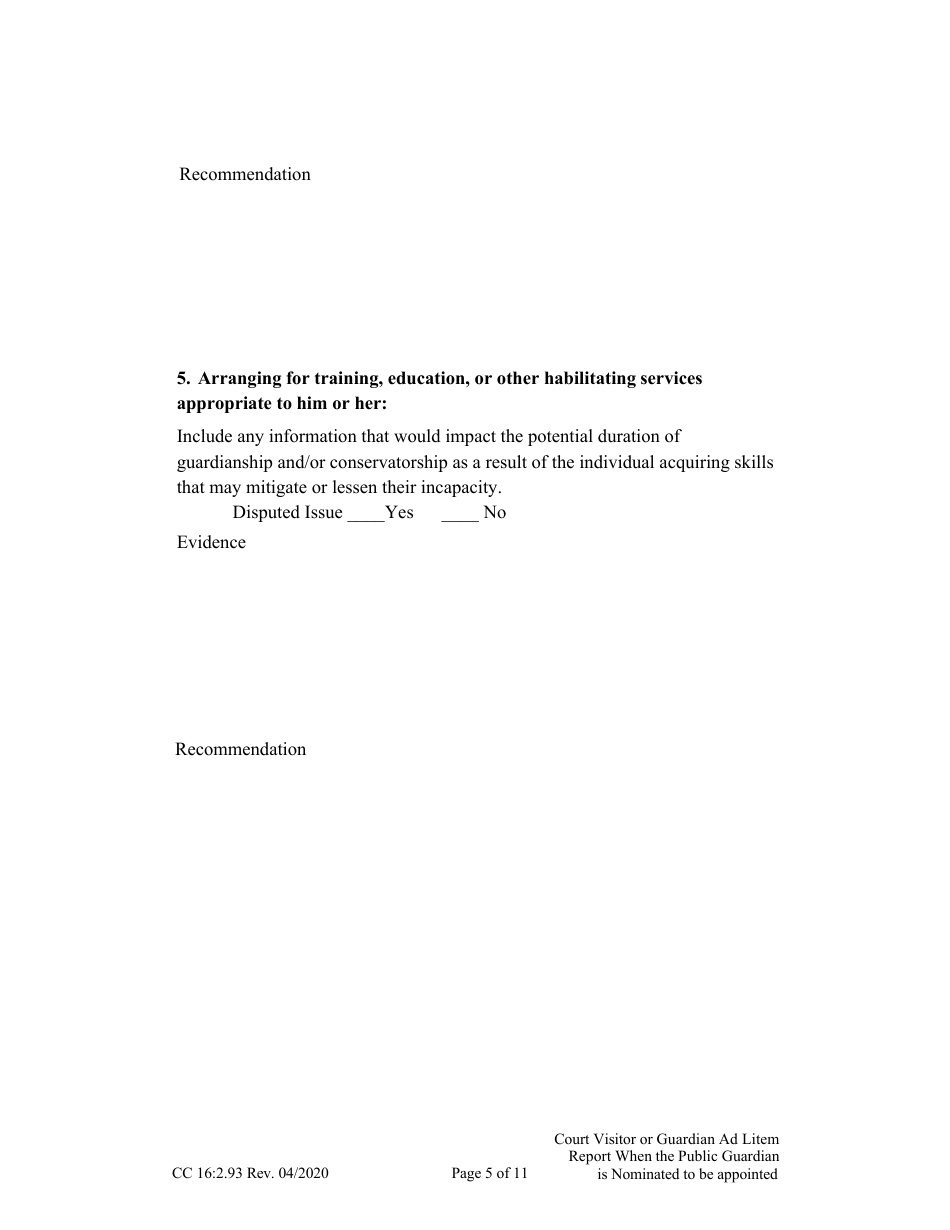 Form CC16:2.93 Visitor or Guardian Ad Litem Report When the Public Guardian Is Nominated to Be Appointed Confidential - Nebraska, Page 5