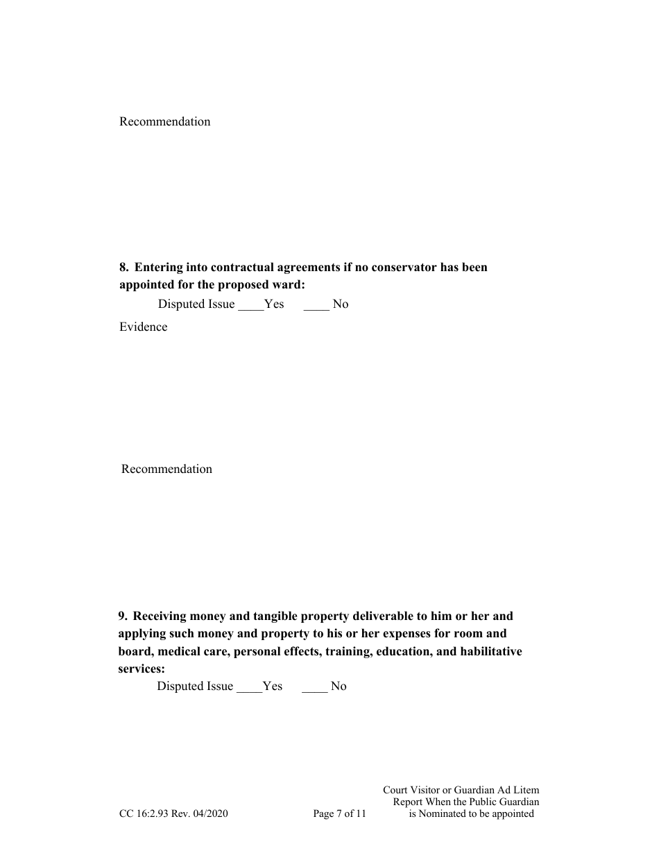 Form CC16:2.93 Visitor or Guardian Ad Litem Report When the Public Guardian Is Nominated to Be Appointed Confidential - Nebraska, Page 7