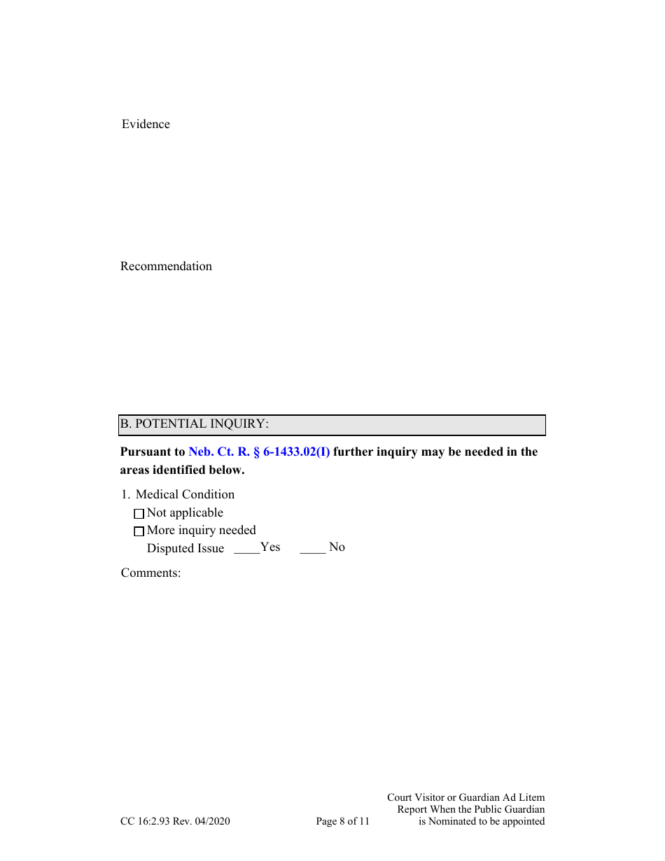 Form CC16:2.93 Visitor or Guardian Ad Litem Report When the Public Guardian Is Nominated to Be Appointed Confidential - Nebraska, Page 8