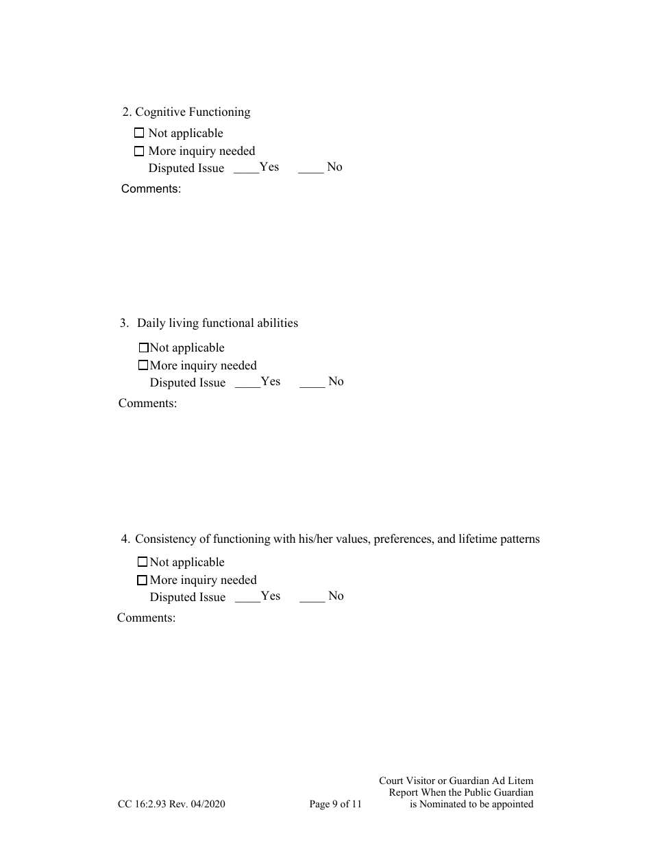 Form CC16:2.93 Visitor or Guardian Ad Litem Report When the Public Guardian Is Nominated to Be Appointed Confidential - Nebraska, Page 9