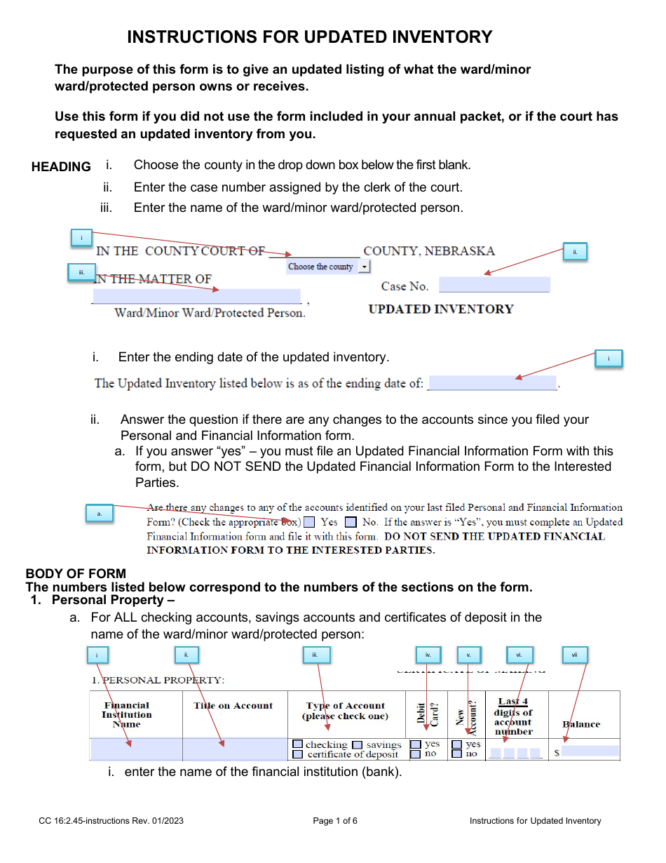 Instructions for Form CC16:2.45 Updated Inventory - Nebraska, Page 1