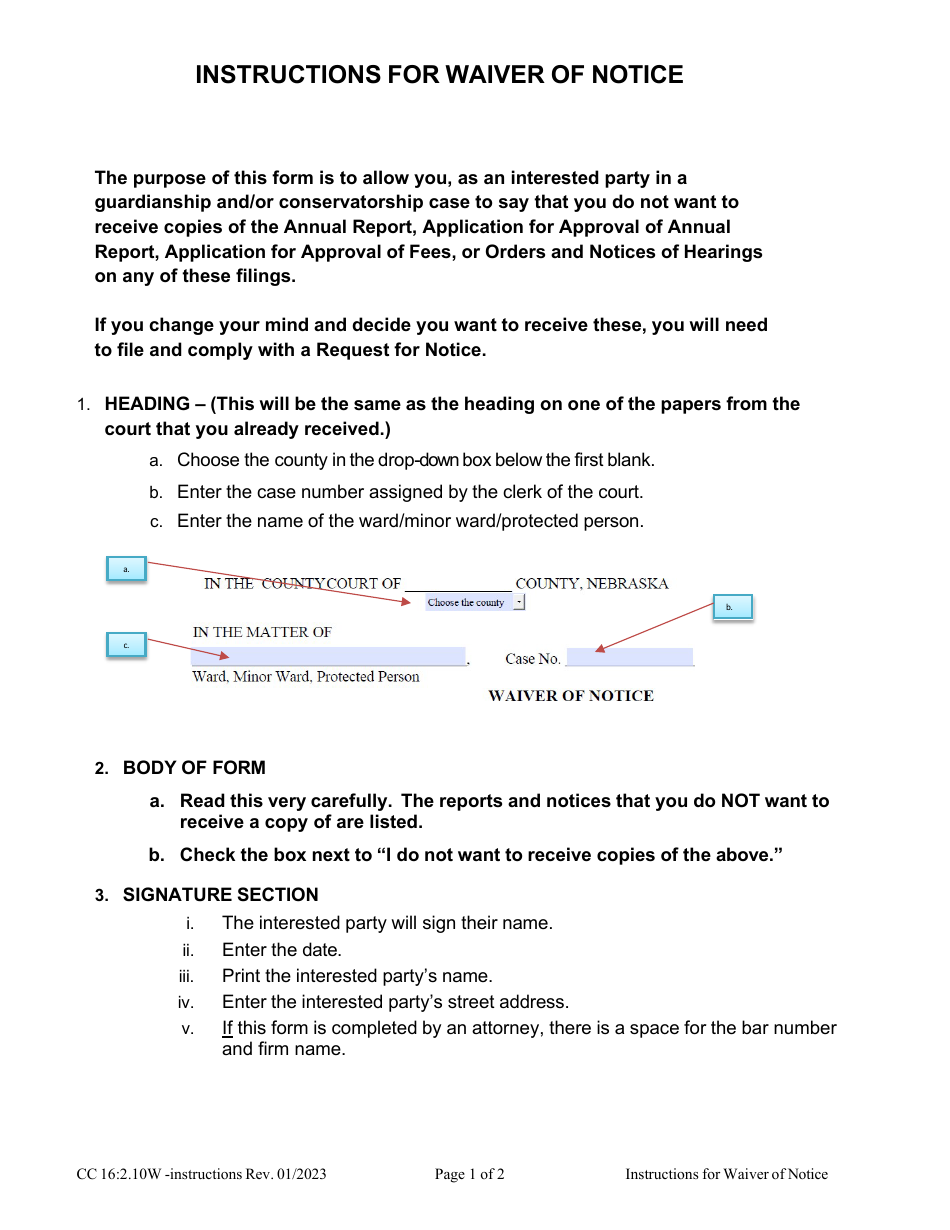 Instructions for Form CC16:2.10W Waiver of Notice - Nebraska, Page 1