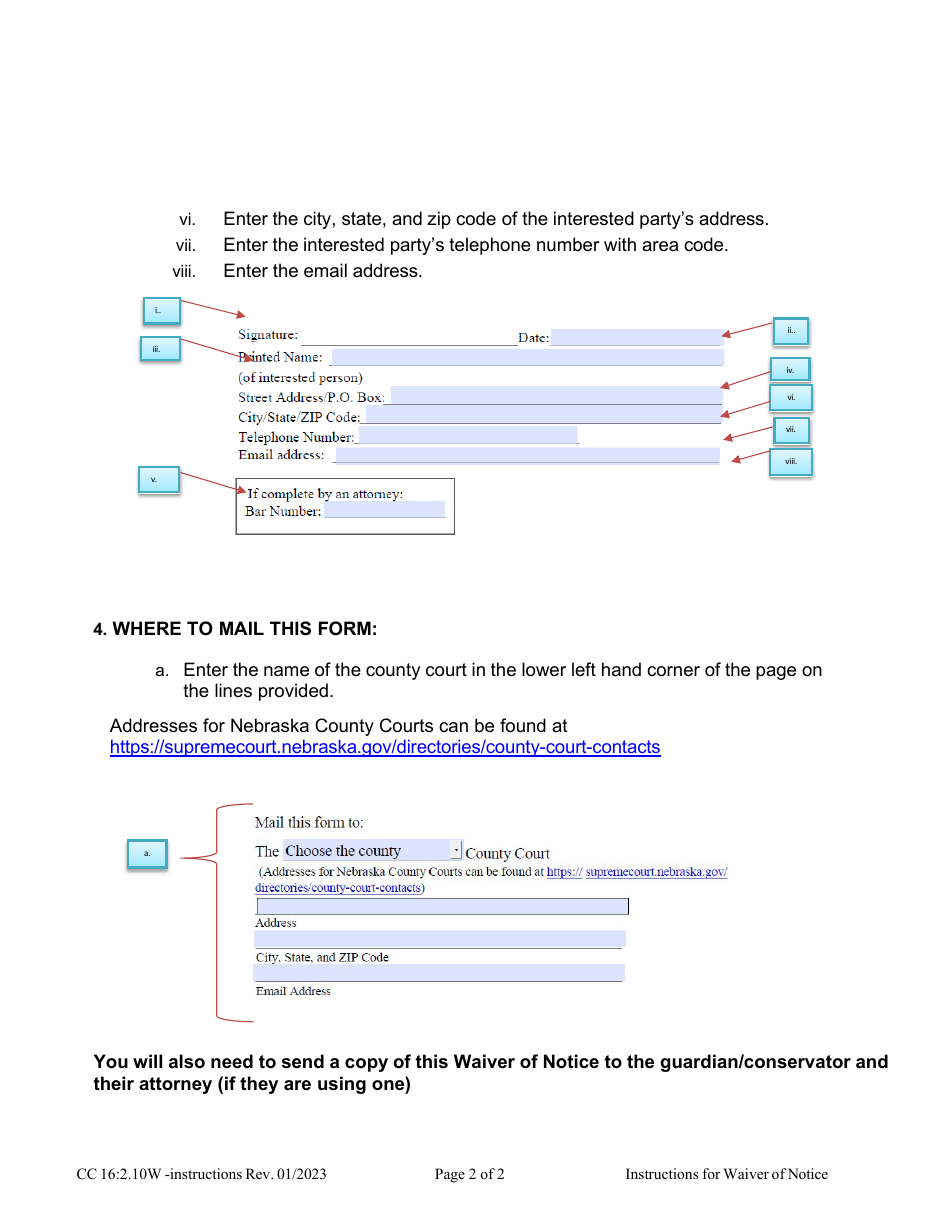 Instructions for Form CC16:2.10W Waiver of Notice - Nebraska, Page 2