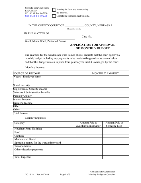 Form CC16:2.41 Application for Approval of Monthly Budget - Nebraska