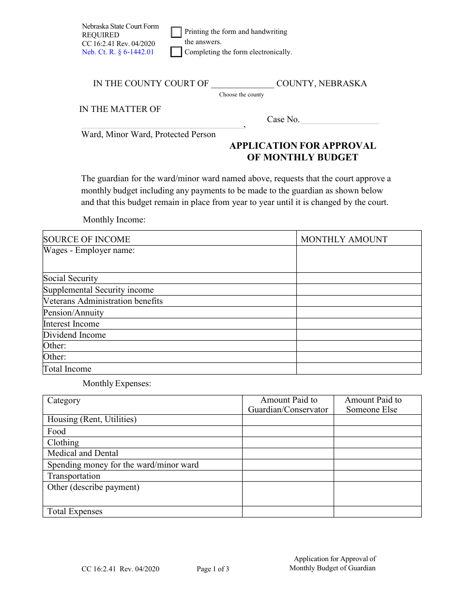 Form CC16:2.41 Application for Approval of Monthly Budget - Nebraska, Page 1