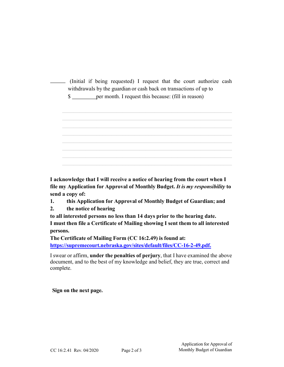 Form CC16:2.41 Application for Approval of Monthly Budget - Nebraska, Page 2