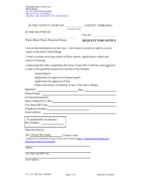 Form CC16:2.10R Request for Notice - Nebraska