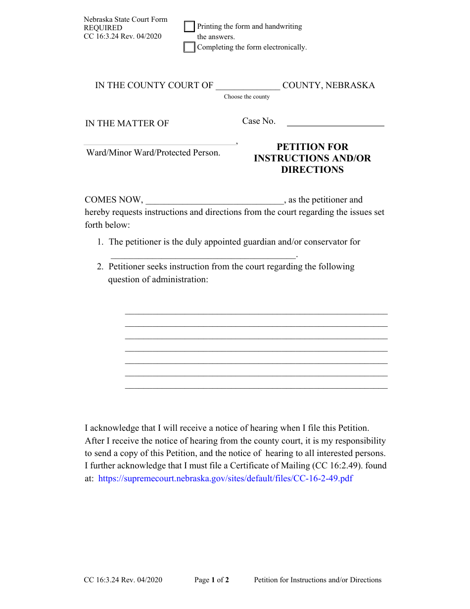 Form CC16:3.24 Petition for Instructions and / or Directions - Nebraska, Page 1