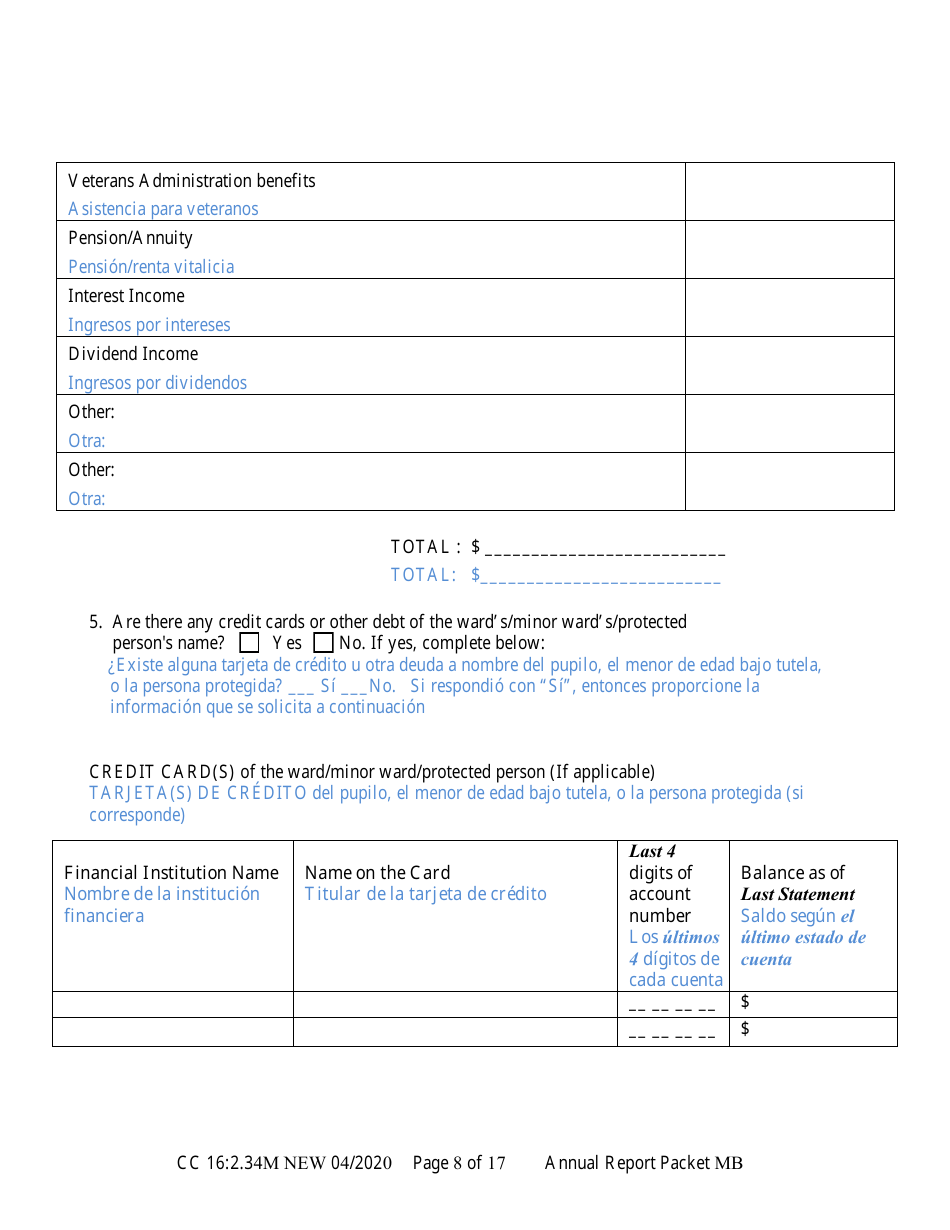 Form CC16:2.34M Packet Mb - Guardianship for a Minor With a Budget Annual Reporting Forms - Nebraska (English / Spanish), Page 14