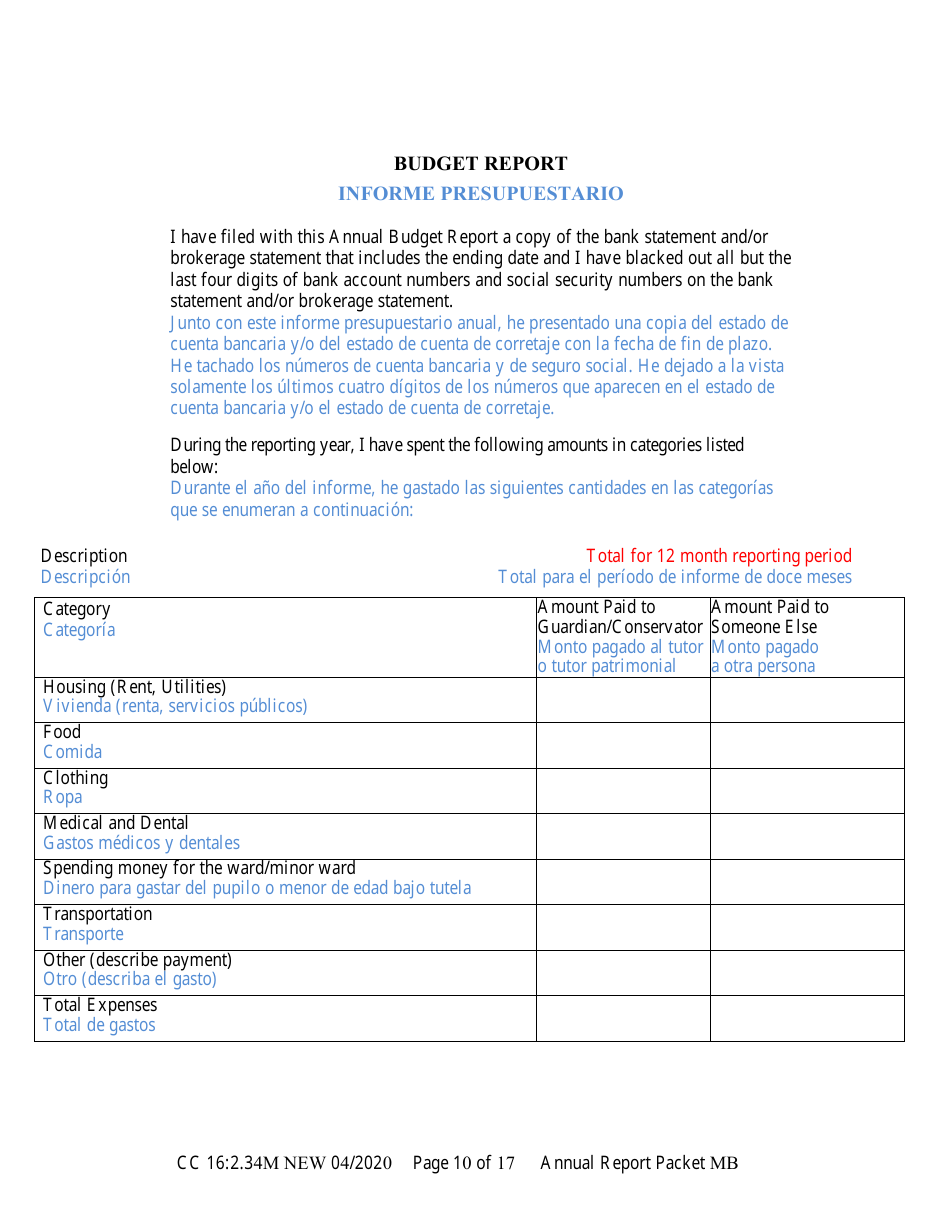 Form CC16:2.34M Packet Mb - Guardianship for a Minor With a Budget Annual Reporting Forms - Nebraska (English / Spanish), Page 16