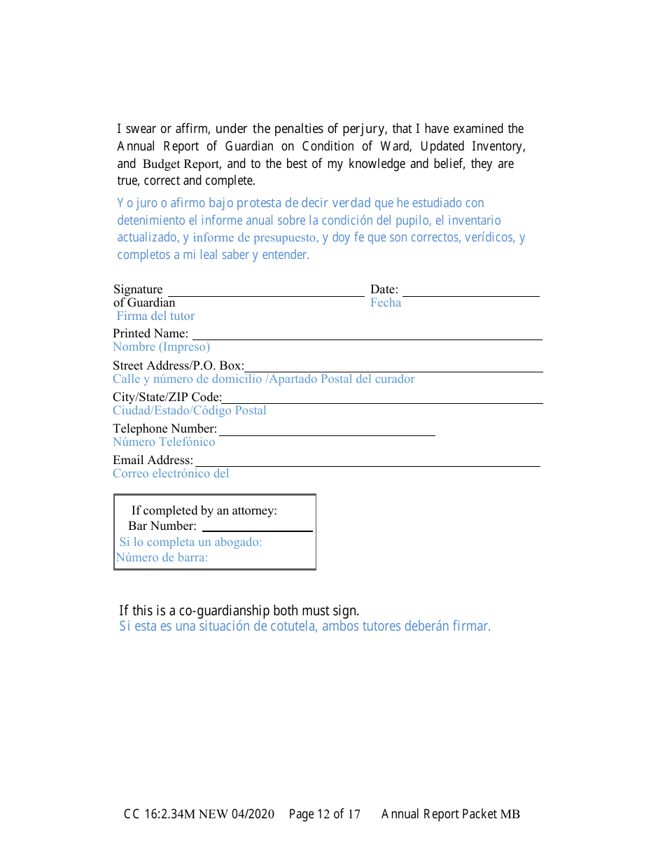 Form CC16:2.34M Packet Mb - Guardianship for a Minor With a Budget Annual Reporting Forms - Nebraska (English / Spanish), Page 18