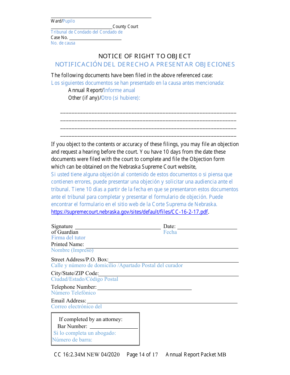 Form CC16:2.34M Packet Mb - Guardianship for a Minor With a Budget Annual Reporting Forms - Nebraska (English / Spanish), Page 20