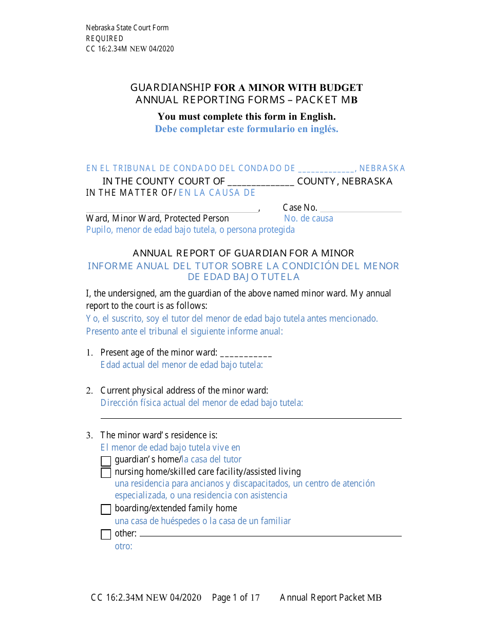 Form CC16:2.34M Packet Mb - Guardianship for a Minor With a Budget Annual Reporting Forms - Nebraska (English / Spanish), Page 7