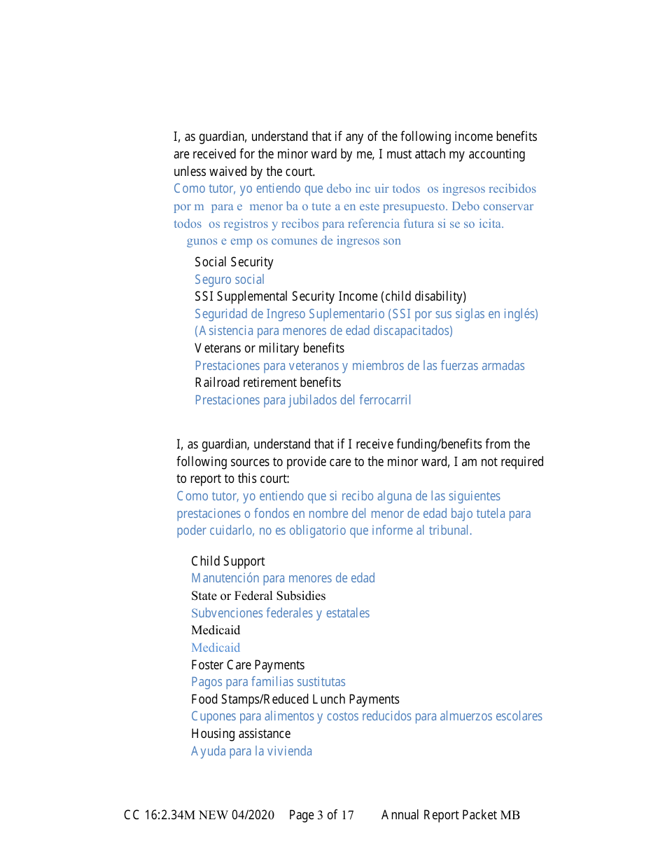 Form CC16:2.34M Packet Mb - Guardianship for a Minor With a Budget Annual Reporting Forms - Nebraska (English / Spanish), Page 9