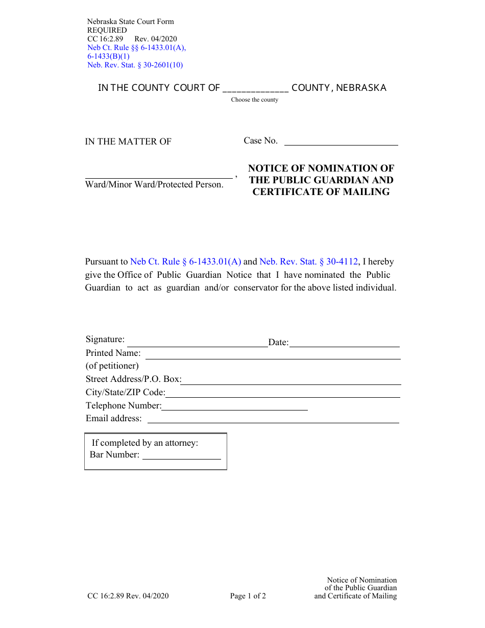 Form CC16:2.89 Notice of Nomination of the Public Guardian and Certificate of Mailing - Nebraska, Page 1
