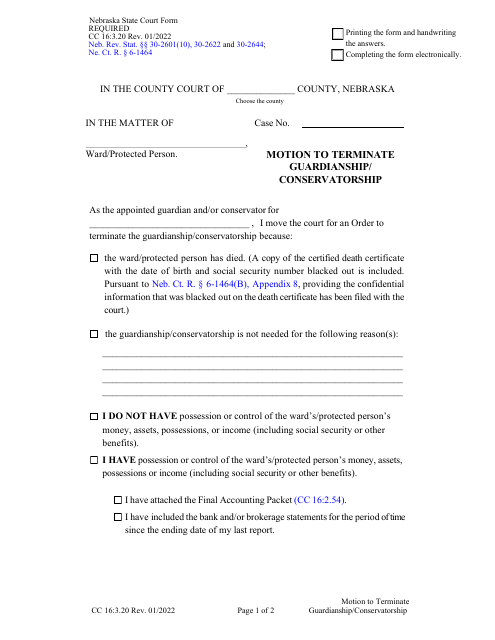 Form CC16:3.20 Motion to Terminate Guardianship/Conservatorship - Nebraska