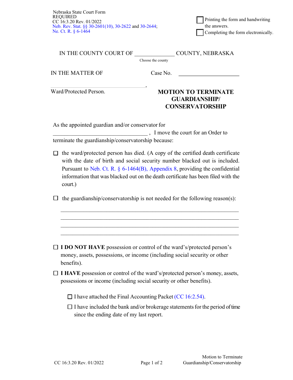Form CC16:3.20 Motion to Terminate Guardianship / Conservatorship - Nebraska, Page 1