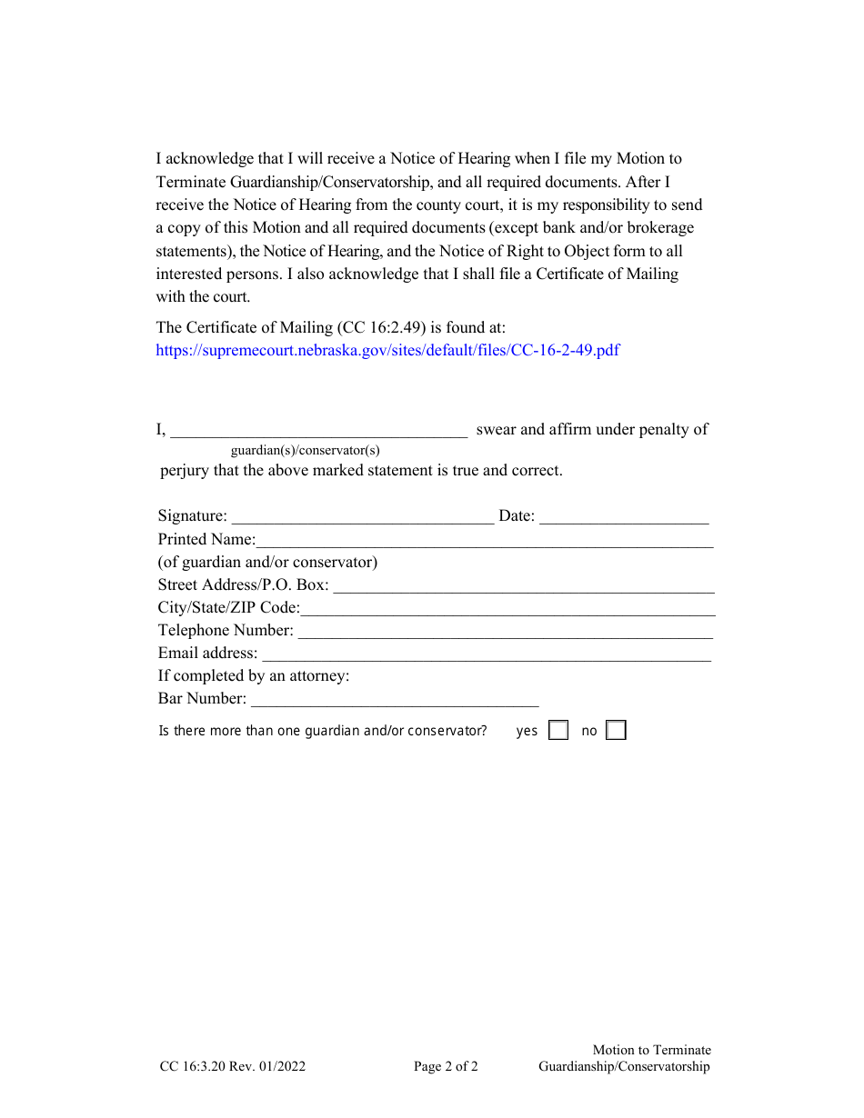 Form CC16:3.20 Motion to Terminate Guardianship / Conservatorship - Nebraska, Page 2