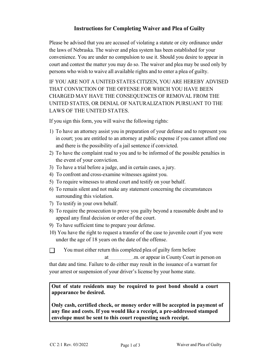 Form CC2:1 Waiver and Plea of Guilty - Nebraska, Page 1