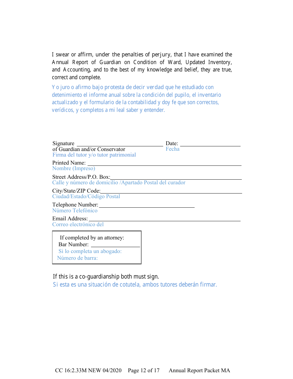 Form CC16:2.33M Packet Ma - Guardianship for a Minor Annual Reporting Forms - Nebraska (English / Spanish), Page 18