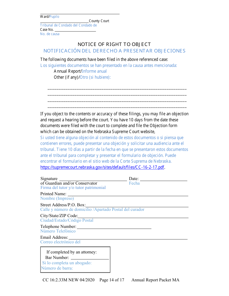 Form CC16:2.33M Packet Ma - Guardianship for a Minor Annual Reporting Forms - Nebraska (English / Spanish), Page 20