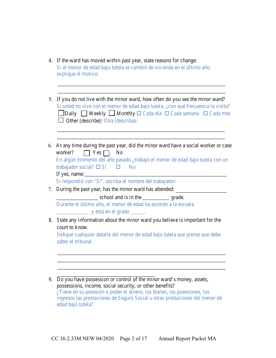Form CC16:2.33M Packet Ma - Guardianship for a Minor Annual Reporting Forms - Nebraska (English / Spanish), Page 8