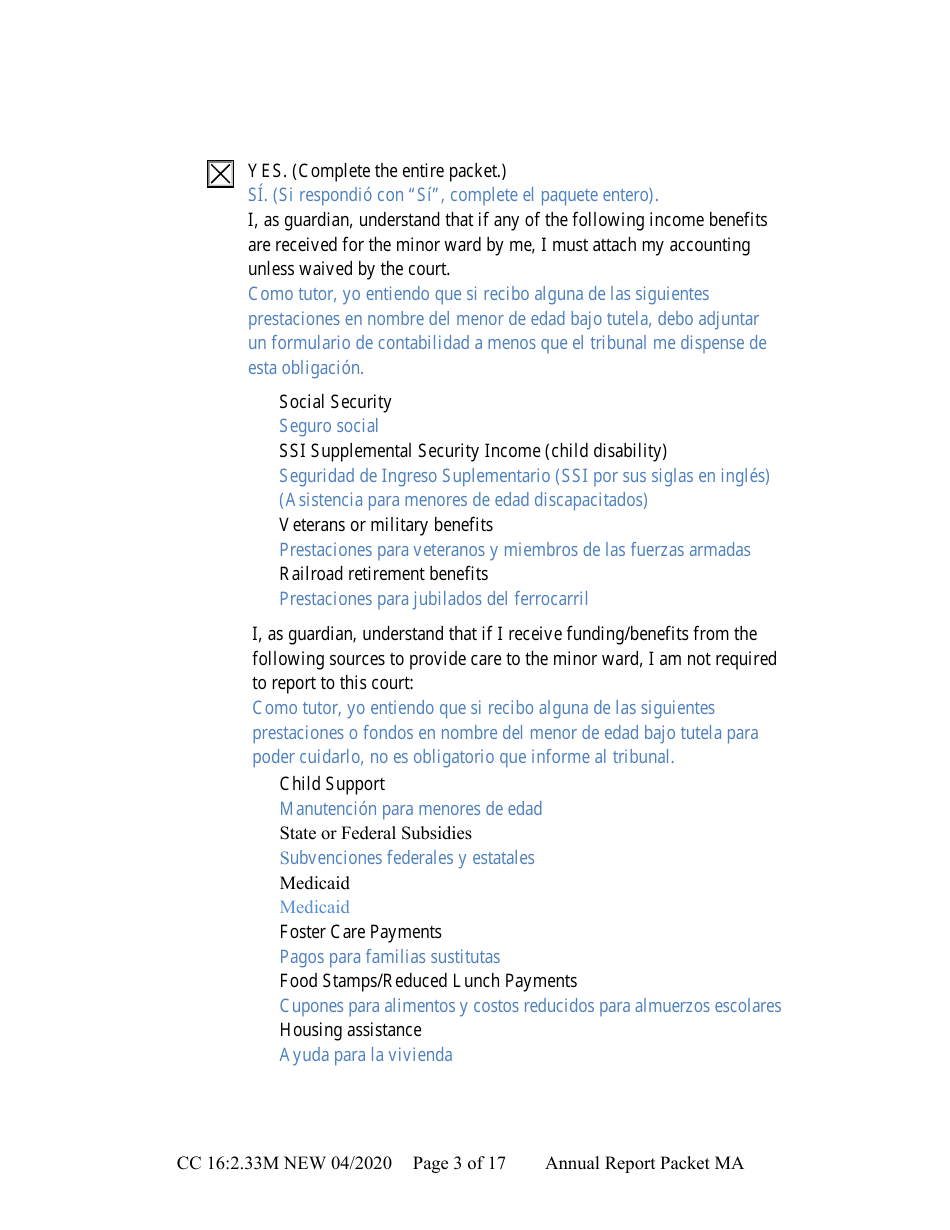 Form CC16:2.33M Packet Ma - Guardianship for a Minor Annual Reporting Forms - Nebraska (English / Spanish), Page 9