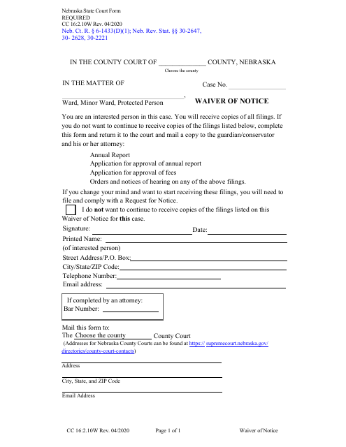 Form CC16:2.10W Waiver of Notice - Nebraska