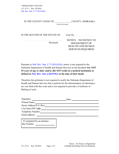 Form CC15:5.1 Notice - No Notice to Department of Health and Human Services Required - Nebraska