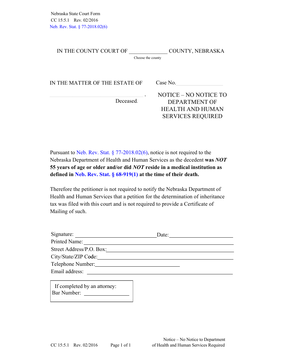 Form CC15:5.1 Notice - No Notice to Department of Health and Human Services Required - Nebraska, Page 1