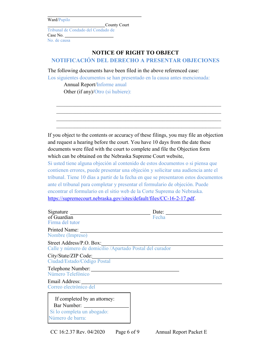 Form CC16:2.37 Packet E - Guardianship With No Authority Over the Estate of the Ward Annual Reporting Forms - Nebraska (English / Spanish), Page 10