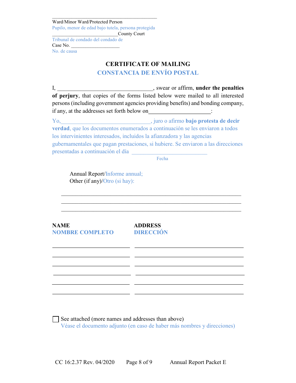 Form CC16:2.37 Packet E - Guardianship With No Authority Over the Estate of the Ward Annual Reporting Forms - Nebraska (English / Spanish), Page 12