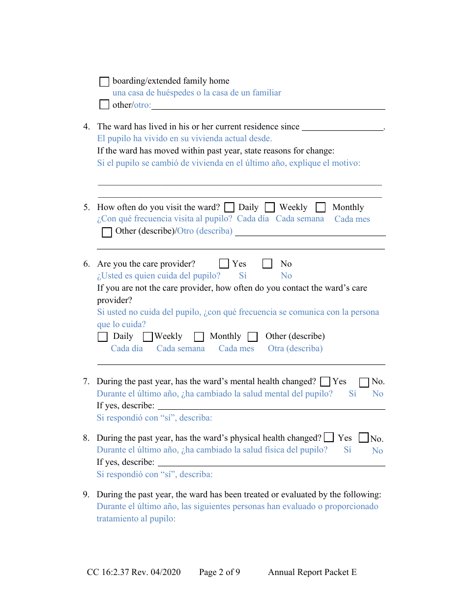 Form CC16:2.37 Packet E - Guardianship With No Authority Over the Estate of the Ward Annual Reporting Forms - Nebraska (English / Spanish), Page 6