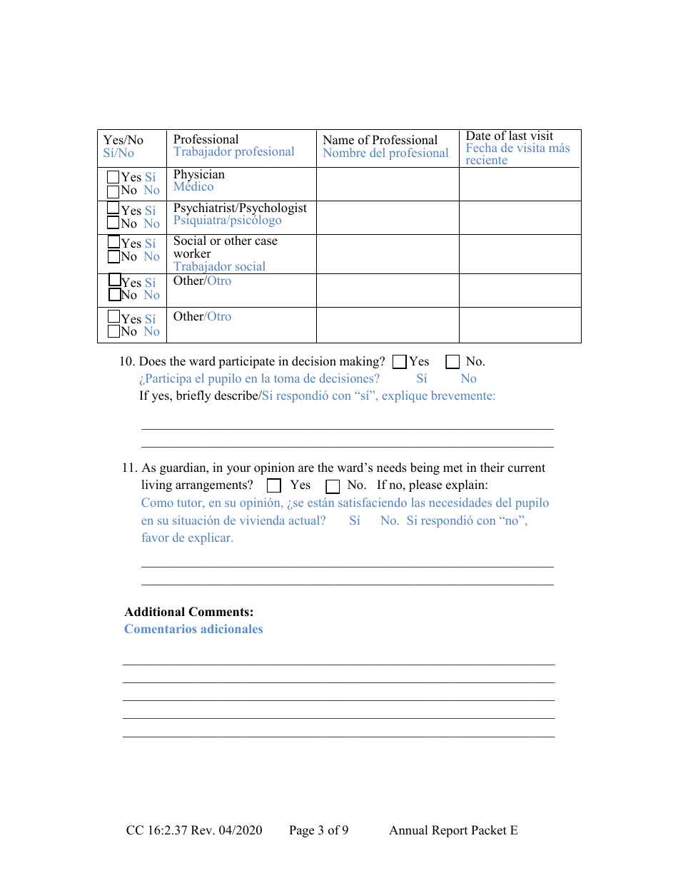 Form CC16:2.37 Packet E - Guardianship With No Authority Over the Estate of the Ward Annual Reporting Forms - Nebraska (English / Spanish), Page 7