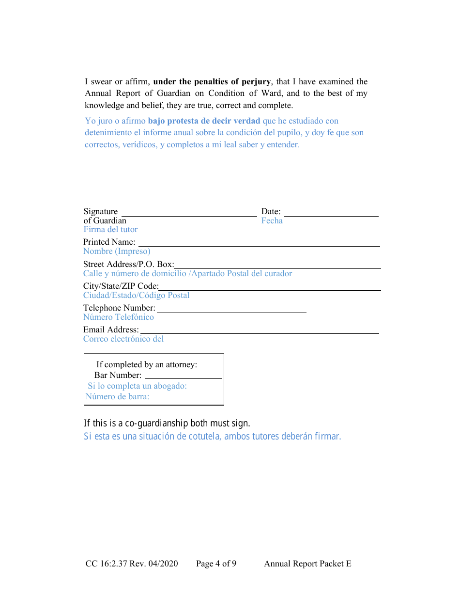 Form CC16:2.37 Packet E - Guardianship With No Authority Over the Estate of the Ward Annual Reporting Forms - Nebraska (English / Spanish), Page 8