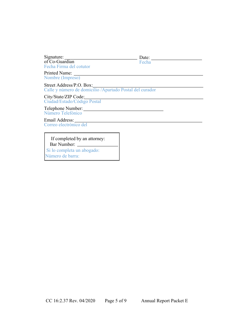 Form CC16:2.37 Packet E - Guardianship With No Authority Over the Estate of the Ward Annual Reporting Forms - Nebraska (English / Spanish), Page 9