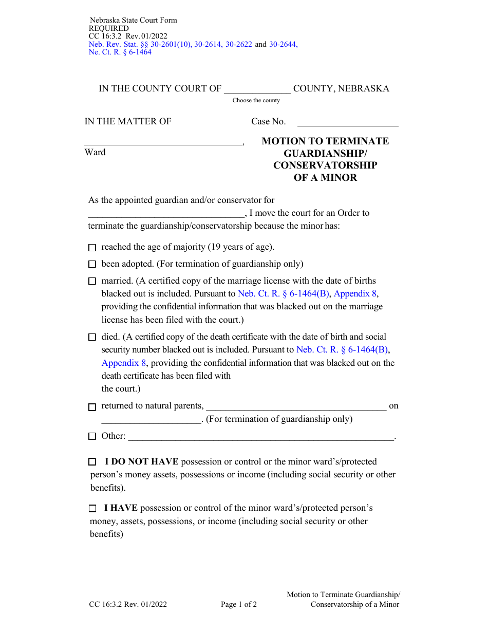 Form CC16:3.2 Motion to Terminate Guardianship / Conservatorship of a Minor - Nebraska, Page 1