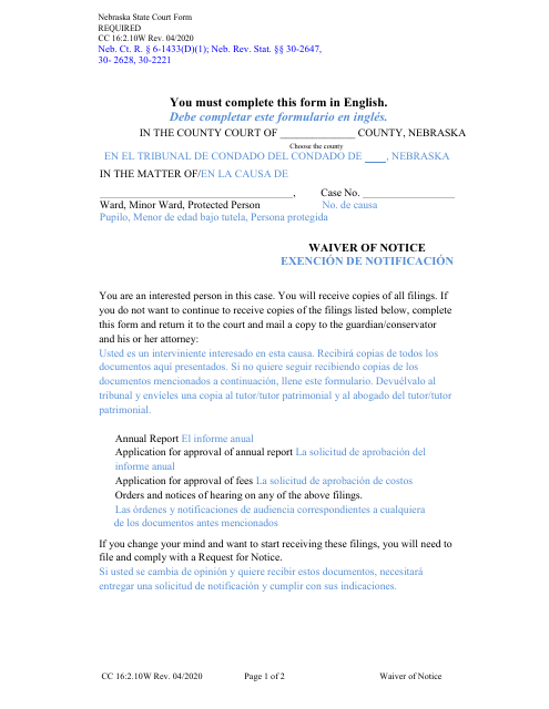 Form CC16:2.10W Waiver of Notice - Nebraska (English/Spanish)