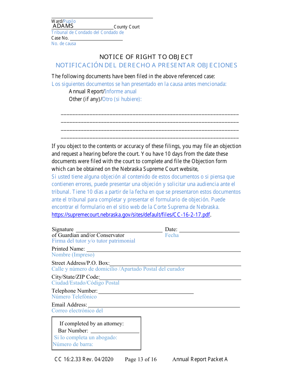 Form CC16:2.33 Packet a - Guardianship Annual Reporting Forms - Nebraska (English / Spanish), Page 19