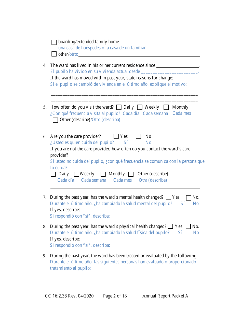 Form CC16:2.33 Packet a - Guardianship Annual Reporting Forms - Nebraska (English / Spanish), Page 8