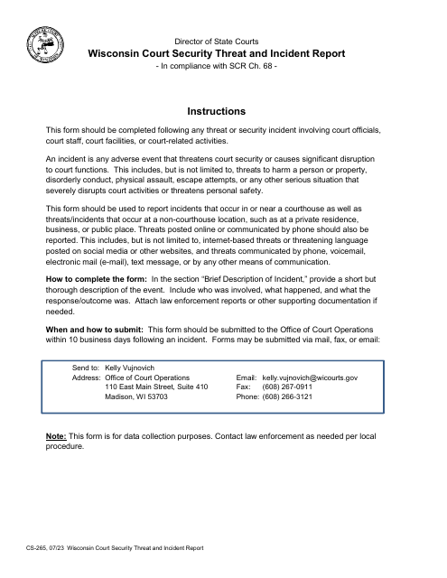 Form CS-265 Wisconsin Court Security Threat and Incident Report - Wisconsin