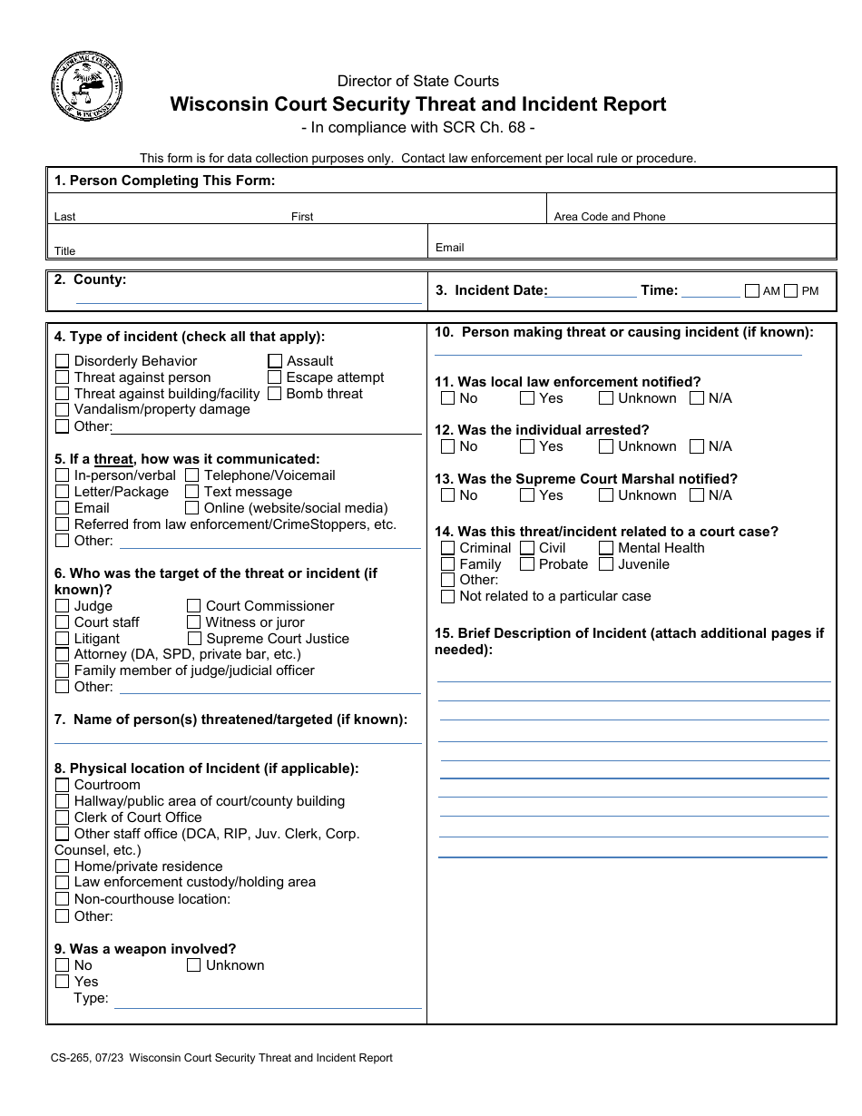 Form CS-265 Wisconsin Court Security Threat and Incident Report - Wisconsin, Page 2