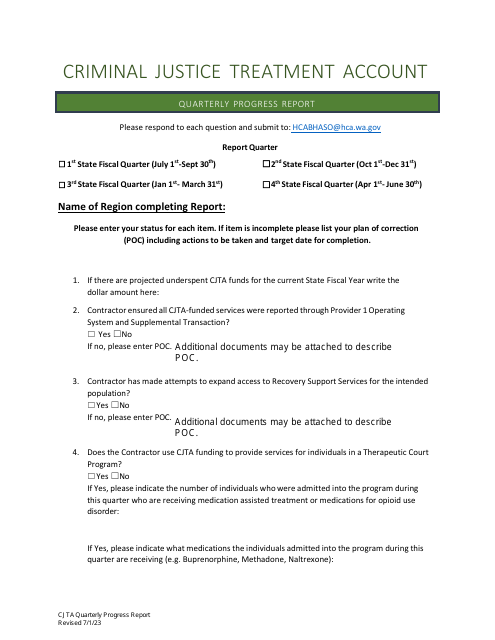 Criminal Justice Treatment Account Quarterly Progress Report - Washington Download Pdf