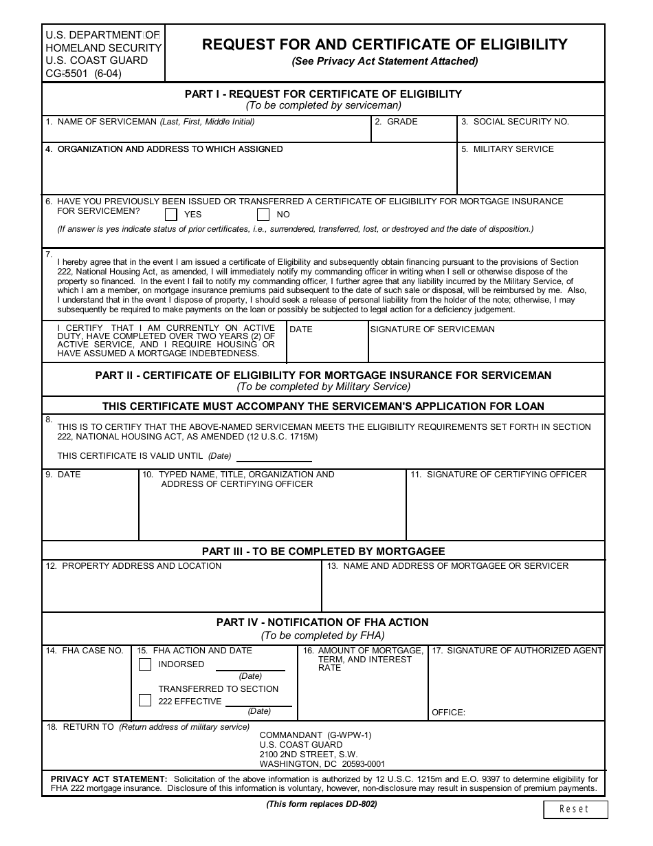 DHS Form CG-5501 Request for and Certificate of Eligibility, Page 1