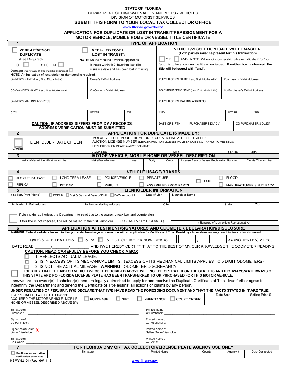 Form HSMV82101 Application for Duplicate or Lost in Transit / Reassignment for a Motor Vehicle, Mobile Home or Vessel Title Certificate - Florida, Page 1