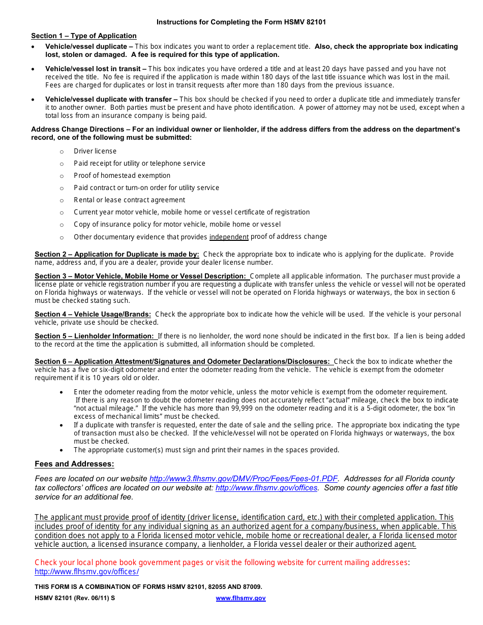 Form HSMV82101 Application for Duplicate or Lost in Transit / Reassignment for a Motor Vehicle, Mobile Home or Vessel Title Certificate - Florida, Page 2