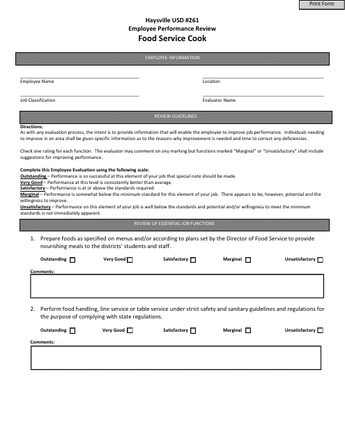&quot;Employee Performance Review Form - Food Service Cook - Haysville Usd 261&quot; Download Pdf