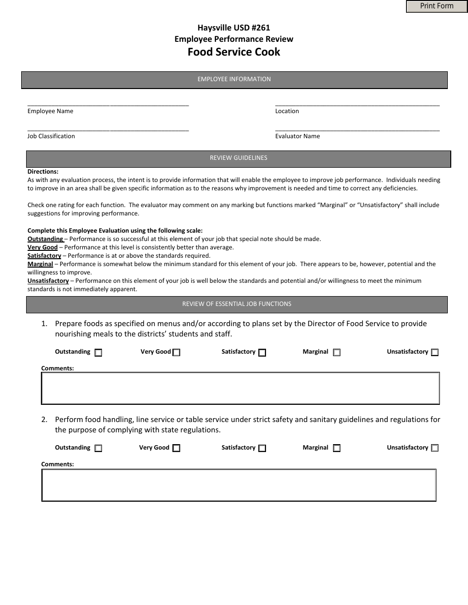 Employee Performance Review Form - Food Service Cook - Haysville Usd 261, Page 1
