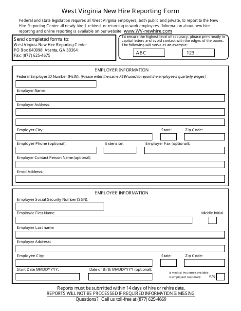 &quot;New Hire Reporting Form - West Virginia New Hire Reporting Center&quot; - West Virginia Download Pdf